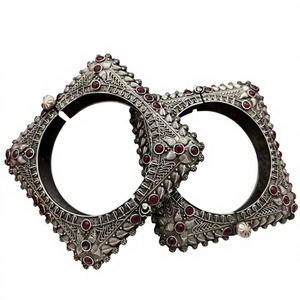 Vintage Tibetan Silver Cuff <b>Bangles</b> <b>Set</b> With Ruby Inlay For Women Wedding Party Ethnic Jewelry Antique Silver Plated - Product Image 2