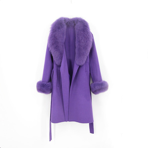 QIUCHEN- QC22035 automne hiver mode cachemire <span class=keywords><strong>femme</strong></span> <span class=keywords><strong>mi</strong></span>-<span class=keywords><strong>long</strong></span> <span class=keywords><strong>manteau</strong></span> en fourrure de renard véritable <span class=keywords><strong>manteau</strong></span> en laine - Product Image 1