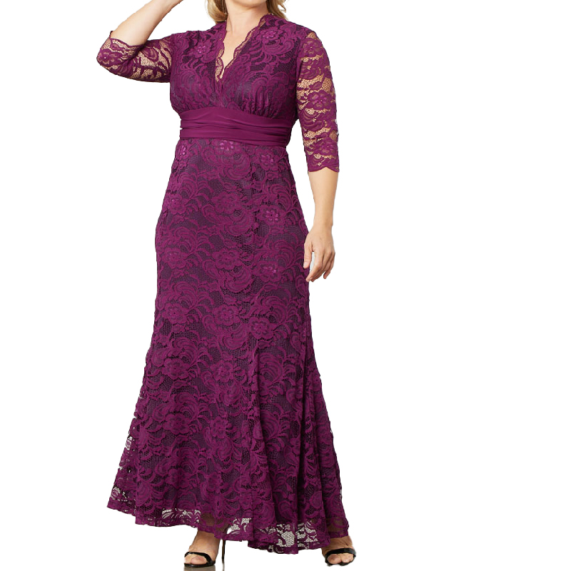 Vestidos elegantes para mãe da noiva, vestidos vintage de renda plus size para festas de casamento, meia manga e cintura imperial, com decote em V, maxi