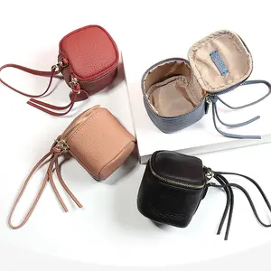 Bolsa de maquillaje portátil con cremallera redonda, monedero de cuero, pequeña bolsa de cosméticos para mini lápices labiales