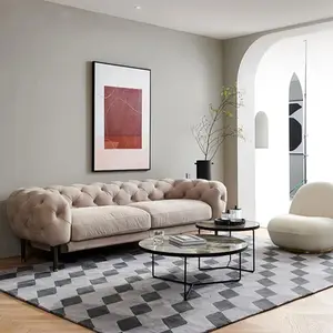 Kain Beludru Mewah Set Sofa Kain Ruang Tamu Chesterfield Eropa Furnitur Modern dengan Kaki Baja Tahan Karat Metalik