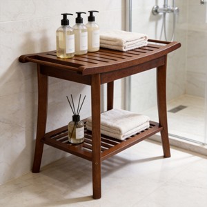 Teak <b>Shower</b> Stool With Armrests <b>Storage</b> <b>Rack</b> 60x34.5x45cm Bathroom Seating For Adults Seniors Hotels - Product Image 3