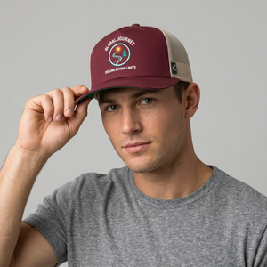 SAAR INDUSTRIES Custom Logo 6-Panel Sporty Trucker Snapback <b>Cap</b> Maroon Black Mesh Party Adventure Patch Design Embroidered - Product Image 1