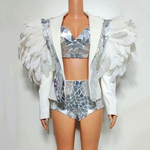 女性シンガーコンサート誇張されたパフォーマンスコスチュームブラックフェザーシルバーミラーコートスパンコールビキニナイトクラブステージダンス衣装