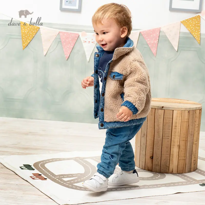 DBX15270 dave bella winter baby boys fashion jeans pockets hooded coat children tops infant toddler outerwear