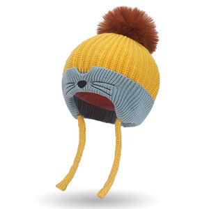 Winter Cute Cartoon Knitted Hat With Earflaps For Kids 52-54cm Unisex Warm Wool Hat Yellow Caramel Pink Beige Red - Product Image 5