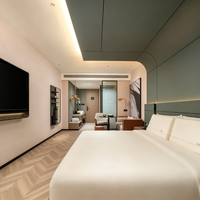 Ensemble de mobilier moderne pour chambre d'hôtel, appartement ou villa, en contreplaqué modulaire, comprenant meuble-lavabo, lit avec coffre et tête de lit, et bureau