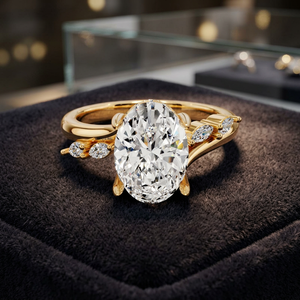 Bague de fiançailles ovale en diamant de laboratoire certifié IGI, plaqué rhodium, avec accent feuille inspiré de la nature, or 10K-18K, argent 925-935 - Product Image 1