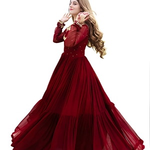 Hot Trending Pakistani Party Wear Dress Maroon Georgette Chiffon Anarkali Frock Heavy Embroidered Neckline <b>Wedding</b> Gown - Product Image 1