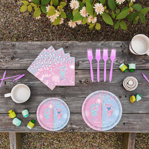 Piastra di impronte rivelatrici di genere per la festa del bambino che svela stoviglie e decorazioni a tema - Product Image 1