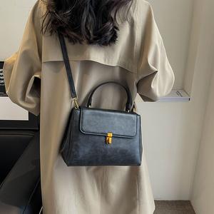 Multiple colors available Dark gray retro style handbag, <b>gold</b> lock embellishment, women's fashionable shoulder crossbody <b>bag</b> - Product Image 6