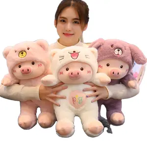 Großhandel niedlichen Cartoon Piggy Stofftier Bär Hut Schwein Puppe Kinder Schlafens zeit Puppen Spielzeug Geschenk Baby Schwein Baby Gefüllte Plüschtiere