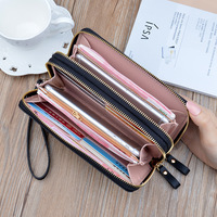 Dompet Panjang Wanita Kapasitas Besar dengan Ritsleting Ganda Pola Berbintik Sederhana Tas Ponsel Dua Lapis Bahan Poliester/PU-Baru