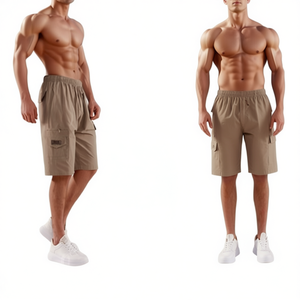 Q07 Pantaloncini Cargo da Uomo in Tela, Bermuda a Vita Media, Elastici, Traspiranti, Casual con Tasche, Tinta Unita, Stile Intrecciato - Product Image 1