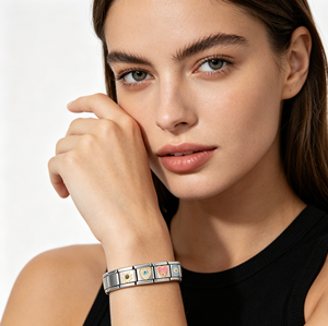 Stainless Steel Italian Charm <b>Bracelet</b> with Eye & Heart Enamel Charms <b>Stretch</b> Link Platinum Plated Unisex DIY Jewelry - Product Image 3