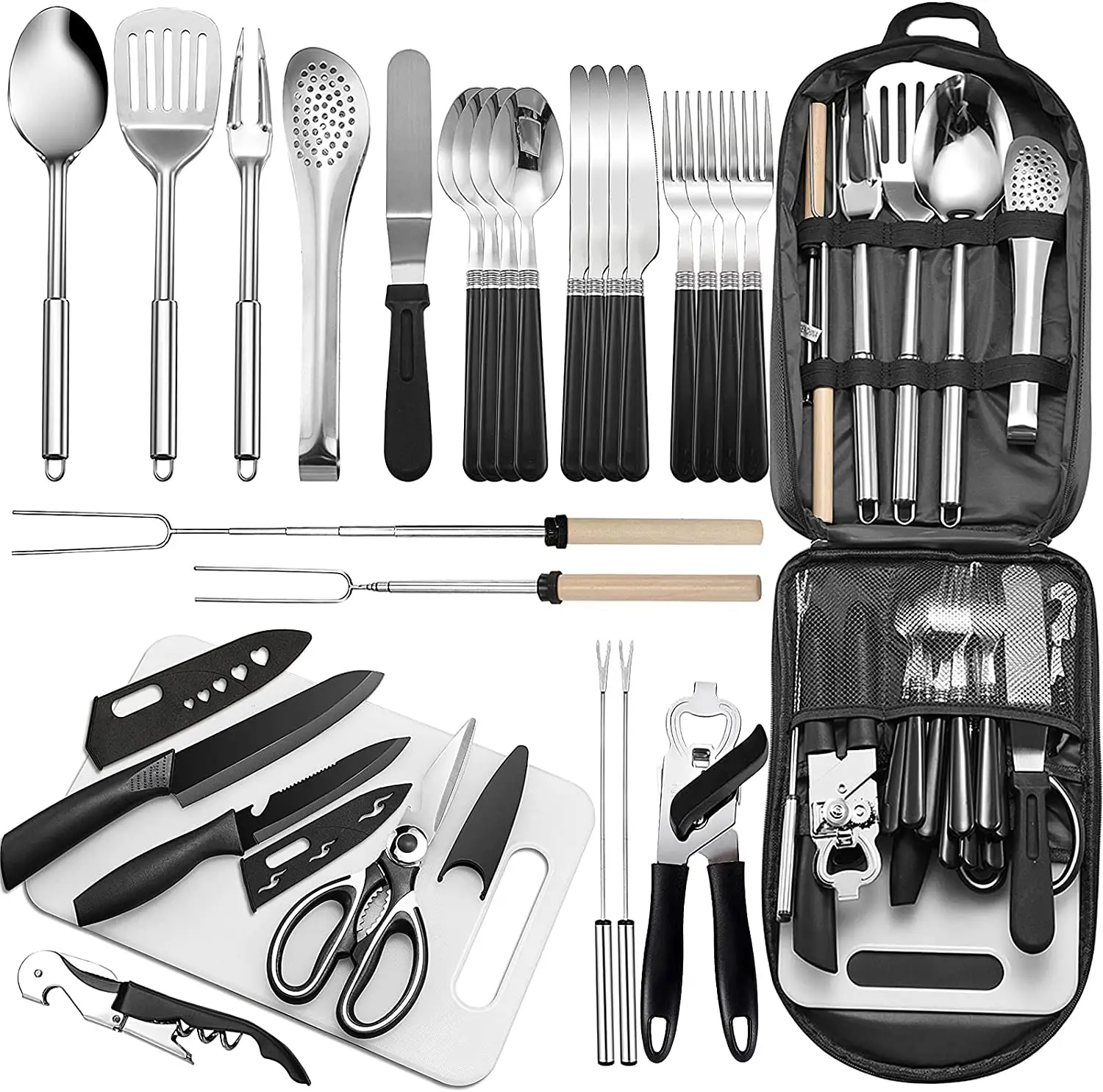 Portable Camping Kitchen Utensil Set-27 Piece Cookware Kit, Stainless Steel Outdoor Cooking and Grilling Utensil Organizer