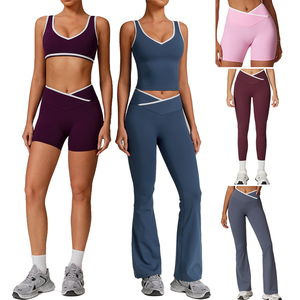 Ensemble de vêtements de sport pour <span class=keywords><strong>femme</strong></span> : débardeur, soutien-gorge de sport, short de course, leggings de sport, pantalon de yoga évasé, vêtements de fitness - Product Image 1