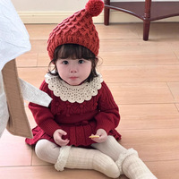 Ensemble deux pièces en acrylique au crochet fait main avec col ajouré pour bébés filles, pull à manches longues tricoté pour l'automne, l'hiver, Noël et le Nouvel An