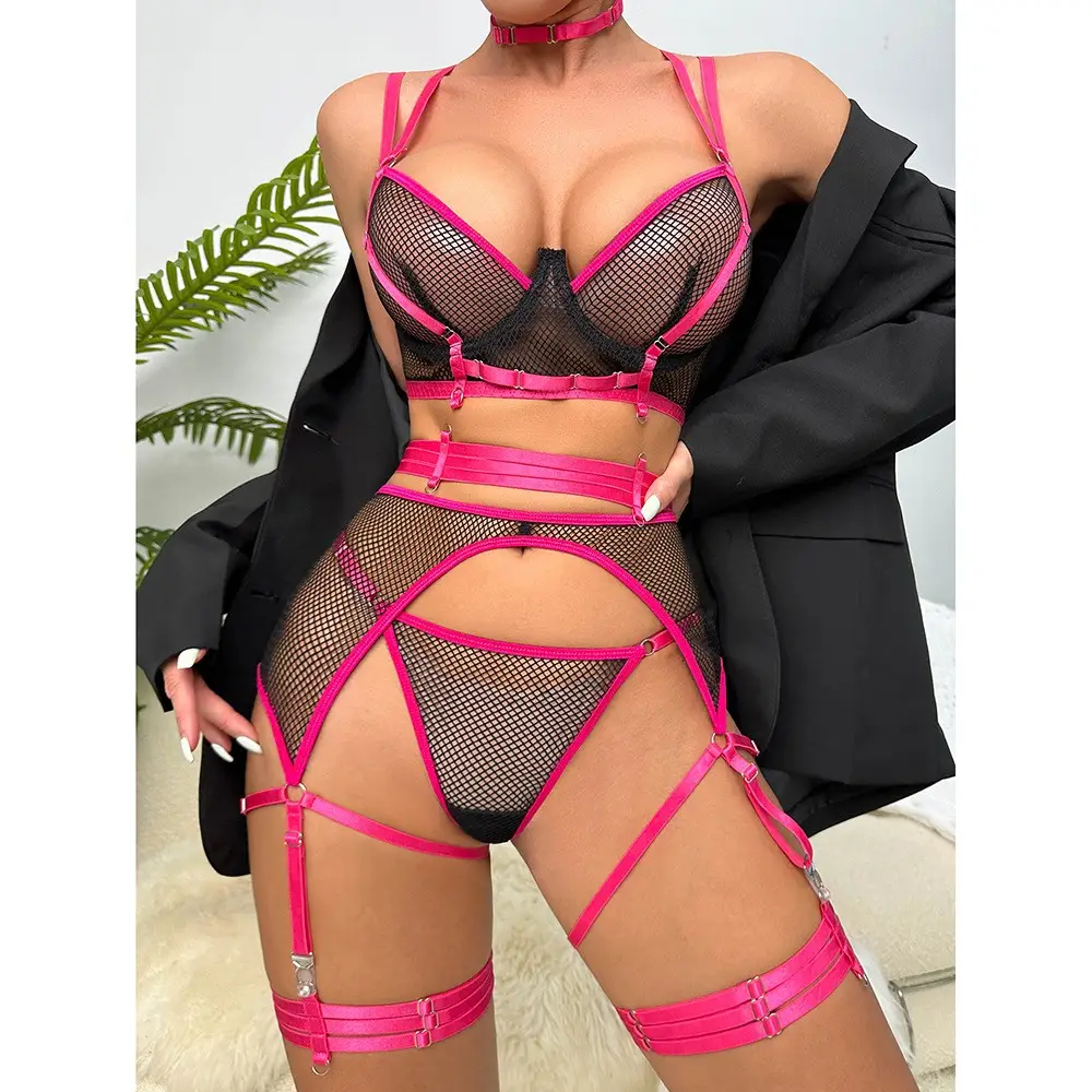 Hot Pink Correias Esboço Maduro Sexy Black Ladies Mesh Ver Através de Calcinha Underwear Lace Bra Set Fotos Adulto Imagem