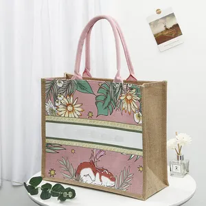 Borsa da Shopping all'ingrosso stampata su misura grande stile naturale Eco Friendly juta Shopping Tote borsa da spiaggia con loghi