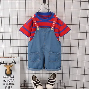 Groothandel Online 2021 Nieuwe Aankomst Kinderen Zomer Kleding Gestreepte Korte Mouw En Denim Shorts Baby Jongens Kleding Set