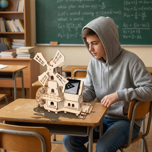 Casita Solar con Molino <span class=keywords><strong>de</strong></span> Viento Holandés <span class=keywords><strong>de</strong></span> <span class=keywords><strong>Madera</strong></span>, Juguetes Educativos DIY, Material Didáctico para Niños con Bolsa <span class=keywords><strong>de</strong></span> Materiales Científicos - Product Image 1
