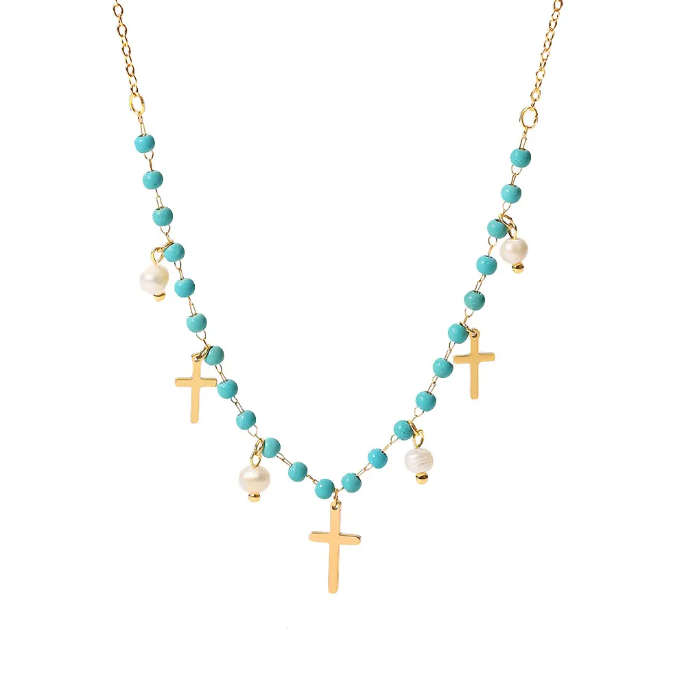 New 18K Gold Plated Blue Beads Cross Necklace Stainless Steel Small Pearls Cross Charms Necklace for Girls