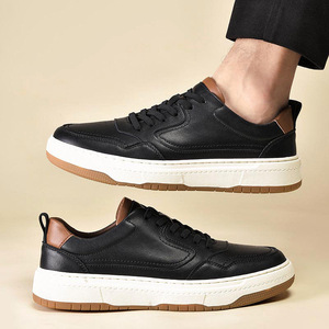 Chaussures décontractées pour hommes en cuir de vache véritable, à bout rond, à lacets, respirantes, blanches - Product Image 2