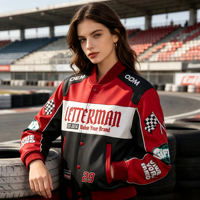 Blouson universitaire de moto de course personnalisable à manches longues, avec empiècements contrastés et broderie personnalisée, style streetwear tendance