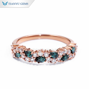 天宇纯银10K 14K 18k金结婚戒指闪亮绿色侯爵夫人莫桑石钻石新娘订婚戒指戒指 - Product Image 2