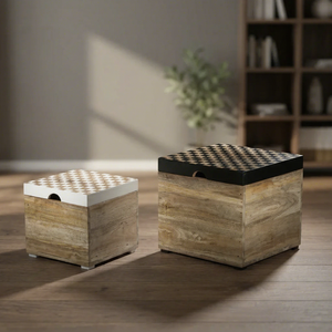 Ensemble de 2 boîtes de rangement en bois artisanal, en bois de manguier texturé, avec couvercles et poignées noires, pour la décoration de la maison - Product Image 1