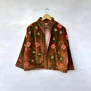 Luxury <b>Brown</b> Velvet Embroidered Suzani <b>Jacket</b> With Floral Pattern Full Sleeve Stand Collar Handmade Bohemian <b>Women's</b> Winter Coat - Product Image 1