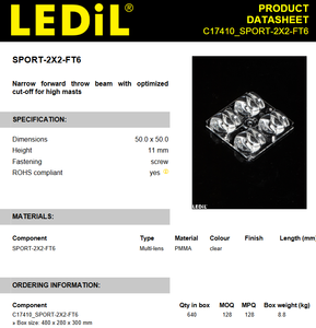 Lentille LED Ledils C17410_SPORT-2X2-FT6 4-en-1 50x50mm, optique asymétrique à faisceau avant étroit pour éclairage sportif de haut mât - Product Image 2