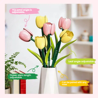 Jie Star Ensemble de blocs de construction 186 pièces, fleurs de tulipes roses et jaunes, vase interchangeable, plante en pot, décoration de bureau à domicile, jouet STEM, cadeau