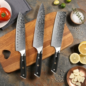 Ensemble de couteaux de chef à motif Damas 3 pièces avec logo personnalisé, acier inoxydable 3Cr13, couteaux de <span class=keywords><strong>cuisine</strong></span> professionnels, boîte cadeau, vente en gros - Product Image 1