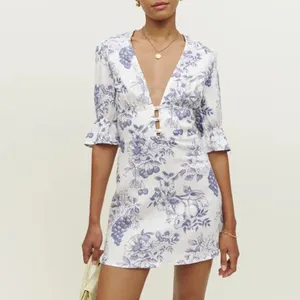 2024 OEM Hot Selling Summer New V-neck Flower Wrap Hip Balloon Ruffles Sleeve Short Dress Sexy Printing Casual Dress