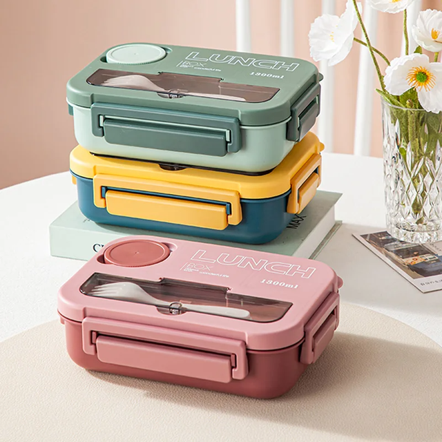 New 1000ml Dual Tier BPA Free Leak Proof Microwave Plastic Lunch Box Food Containers for Office Portable Tiffin Bento Box Set