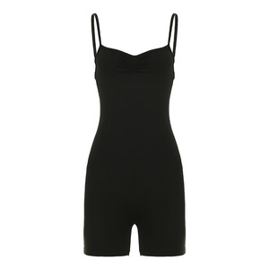 Women <b>Black</b> Spaghetti Strap Ruched Bodycon Romper Sleeveless Solid Knit Summer <b>Jumpsuit</b> <b>Short</b> Length Stretch Fit - Product Image 6