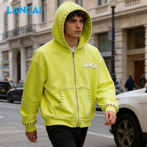 Lancai OEM Zip éponge française personnalisé surdimensionné Boxy Fit Streetwear 420 Gsm hommes fermeture éclair poids lourd strass fermeture éclair à capuche - Product Image 2