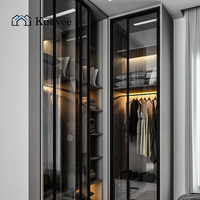 Armoire avec porte en verre pleine hauteur, cadre noir, éclairage LED interne, tiroir de rangement multifonctionnel, chambre modulaire personnalisée