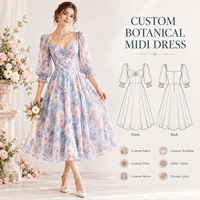Robe de Soirée Mi-Longue pour Femme Personnalisée, Col Cœur, Imprimé Floral, Buste Froncé, Manches Bouffantes Transparentes, Taille Cintrée, Coupe Évasée