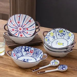 Ide Produk Baru 2022 Mangkuk Pegangan Ganda Jepang Keramik Set Mangkuk 9.5 Inci Piring Makan Porselen Sehat dan Aman