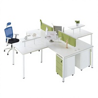 Poste de travail de bureau en forme de L pour 4 personnes avec écran de confidentialité, 3 tiroirs et armoire de rangement mobile pour zone collaborative