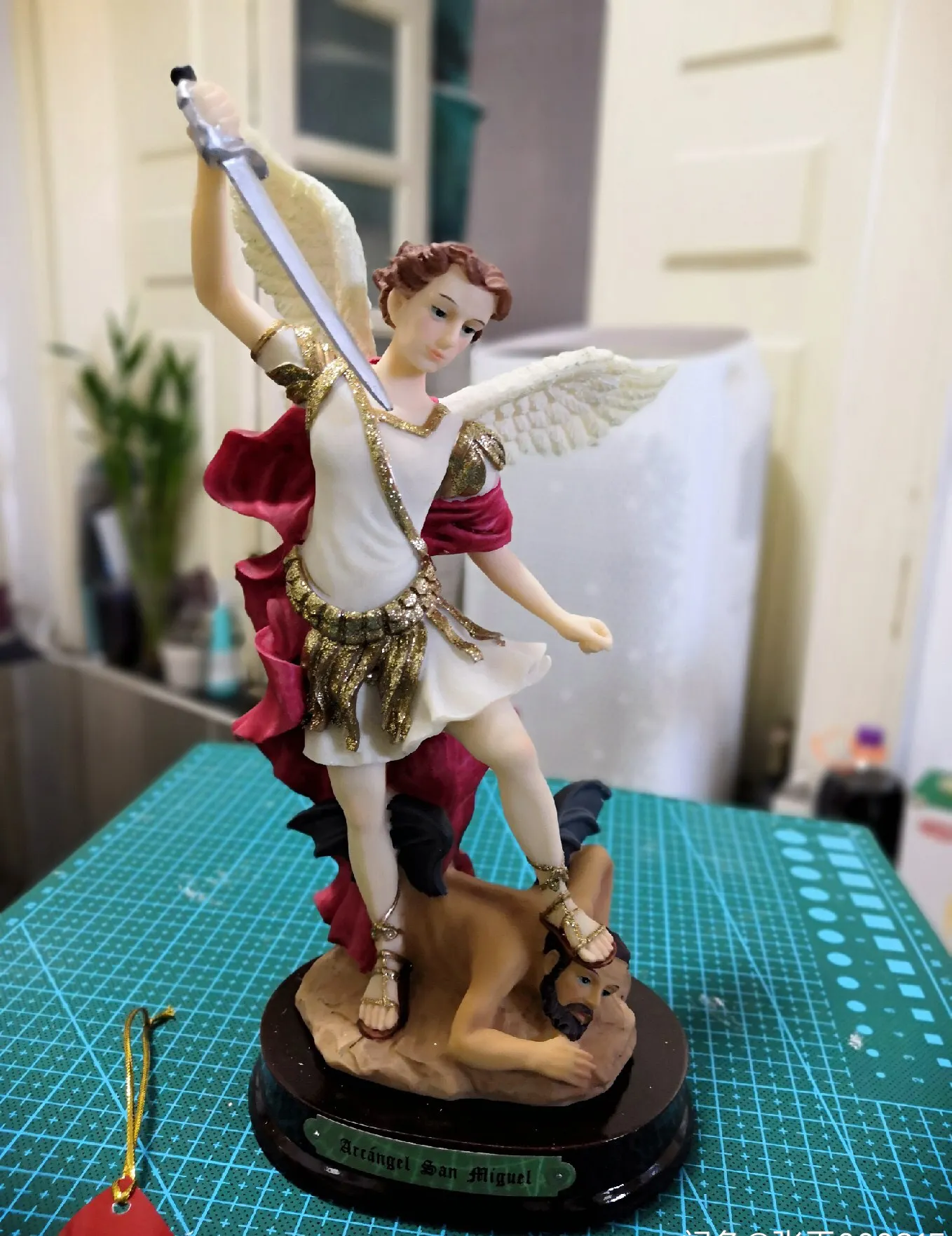 Hand Painted Resin Catholic Patron Saint Michael The Archangel Statue with Prayer Card,