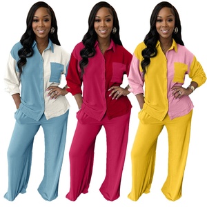 Two-Piece Casual Set Long Spring Autumn Color Matching Pocket Shirt Solid Pattern <b>Top</b> 100% Polyester Eco-Friendly Loose Fit - Product Image 2