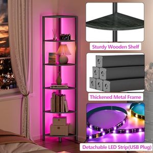 Étagère d'angle noire étroite de 67,5 pouces de hauteur avec étagère de rangement à 6 niveaux et éclairage LED - Product Image 6