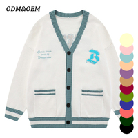 Cardigan en tricot personnalisé pour homme, col en V, boutons, poches, manches longues, mélange de coton, lettres brodées, motif, pull en tricot