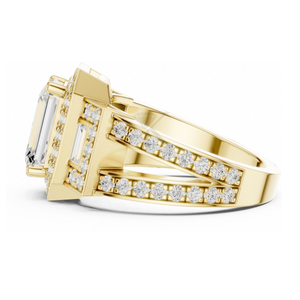 Bague de fiançailles Art Déco en or jaune, taille émeraude, avec halo géométrique de diamants, anneau à double sangle, bijoux de mariée élégants et luxueux - Product Image 2