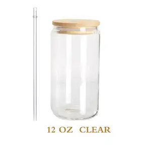 Us Warehouse 16oz Sublimation Clear Frosted Can Glass Mug 16oz Beer Can Cups With Bamboo Lid And Straws