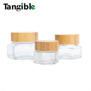 Frasco de creme com tampa de bambu, recipiente para cosméticos de plástico transparente, tampa de bambu, pote fosco, parafuso de madeira natural